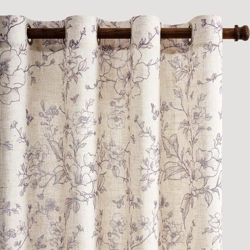 GIGIZAZA Linen Blend Living Room Curtains 96 Inch 2 Panels, Floral Purple Pattern Semi Sheer Curtain Flower Window Drapes Bedroom Light Filtering Elegant Farmhouse Curtains
