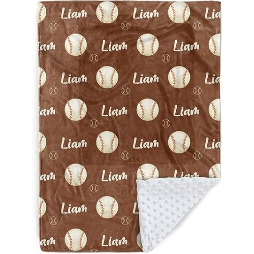 Custom Baseball Blanket - Personalized Name with Baseball Patterns - Soft Plush Flannel Blanket with Double Layer Dotted Backing for Baby Toddler Kids Teen Boys Girls Gifts Brown