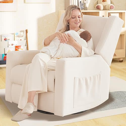Tbfit 360° Swivel Recliner Chair, Nursery Rocking Chair with Lumbar Support & Footrest for Bedroom, Comfy Upholstered Armchair with Pillows & Storage Bag for Living Room, Beige