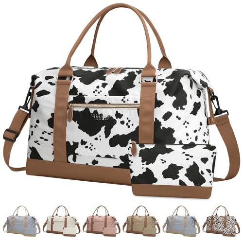Travel Duffle Bag for Women, Weekender Bags, Hospital Bag for Labor Delivery, Lightweight Tote Duffel Overnight Bag with Luggage Sleeve, Airplane Travel Bags with Toiletry Bag, Large, Cow