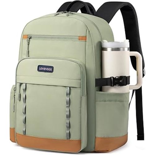 LOVEVOOK Laptop Backpack for Women with Large Cup Holder,17 Inch DIY Design Travel Work Backpack Computer Laptop Bag,Nurse Teacher College Backpack Purse,Gifts for Women Men,Brown-Black-Bean green