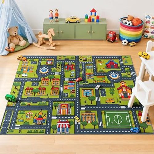 Merelax 3x5 Kids Car Area Rug, Grey Green City Road Rugs for Living Room Playroom Classroom Bedroom, Non Slip Kids Play Mat, Washable Rug, Educational City Traffic Map Fun Car Carpet for Ages 3-12