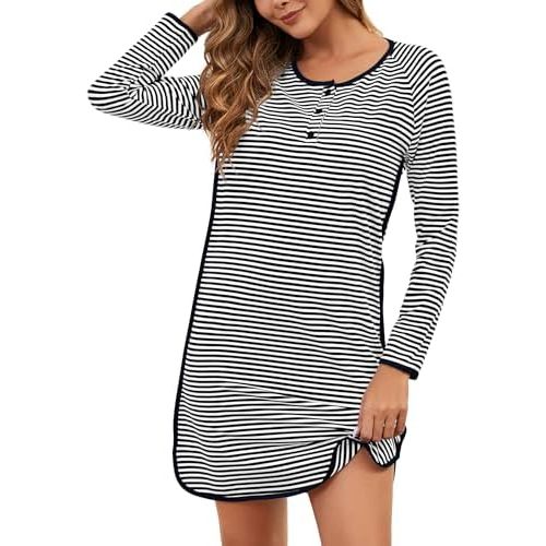 VibeVista Nightgowns for Women Soft Cotton Striped Sleepwear Sleep Shirts Long Sleeve Crew Neck House Dresses Night Gown
