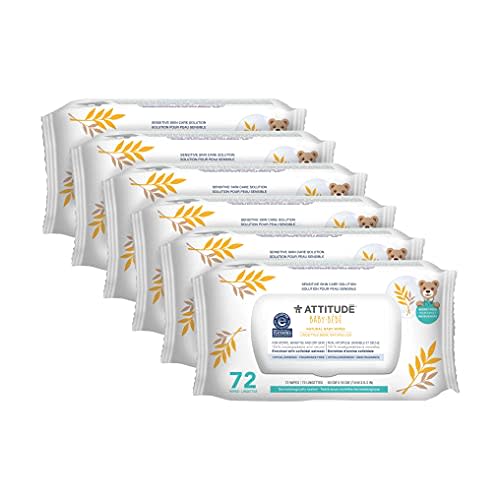 ATTITUDE Baby Wipes Unscented, For Sensitive Skin with Oat, Natural origin, Dermatollogically tested​, For Babies, Toddlers & Kids, Revitalizing Chamomile Extract, EWG Verified​, 72 Count (Pack of 6)