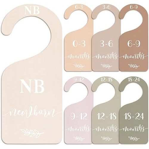 Whaline 7Pcs Earth Tone Wood Baby Closet Size Dividers with Velvet Bag Newborn to 24 Month Thicken Infant Wardrobe Hanger Organizers for Home Nursery Party Favors Supplies