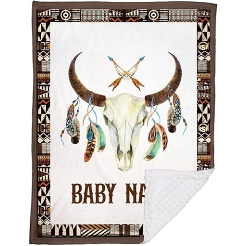 Personalized Name Minky Baby Blankets for Boys, Western Baby Stuff, Soft Plush Receiving Minky Blanket Double Layer with Dotted Backing for Infant Toddler Crib, Western Nursery Decorations (09)