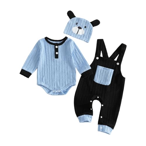 Newborn Baby Boy Clothes Fall Winter Outfit Long Sleeve Textured Romper Pocket Suspender Pants Dog Hat 3 Piece Set