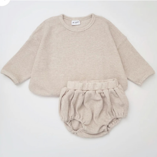 Baby Waffle Cotton Long Tee and Bloomer Set (3-28m) - Oat | AT NOON STORE