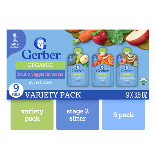 Gerber Stage 2 Baby Food, Fruit and Veggie Puree Variety Pack, 3.5 oz Pouches (9 Pack)