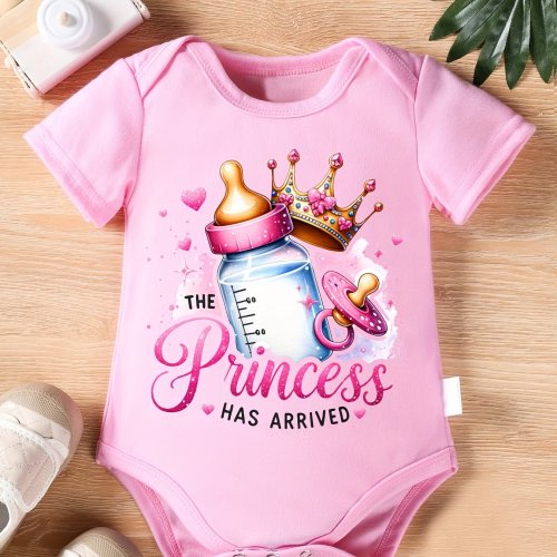 's Princess Outfit - White & Pink Crown & Print Romper, Soft Short-Sleeve Bodysuit with Snap Closure, Ideal Shower Gift,, Perfect for