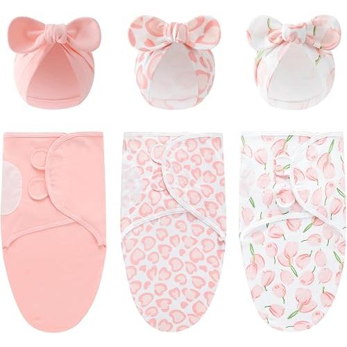 3-Pack Baby Swaddles for Newborns with Bow Hat Pink/Heart/Tulips