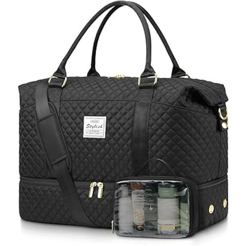 Women Weekender Travel Duffle Bags: Duffel Overnight Bag with Shoe Compartment Large Carry on Tote Bag Toiletry Bag Weekend Yoga Gym Bags with Wet Pocket Hospital Bags for Labor and Delivery Black