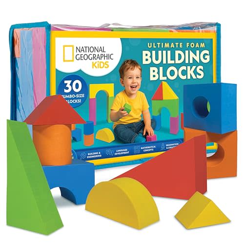 National Geographic Kids Jumbo Foam Building Blocks 30-Piece Set | Soft Stackable Blocks, Storage Bag, Early Learning, Sensory Building Toy, Indoor Play, Toddlers and Preschoolers
