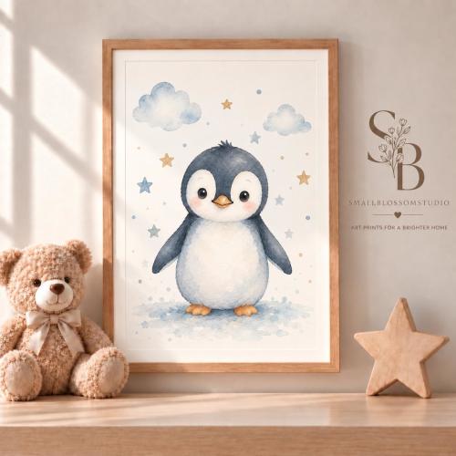 Cute Penguin Nursery Print, Baby Boy Wall Art, Watercolor Penguin Poster, Arctic Animal Nursery Decor, Kids Room Printable Art