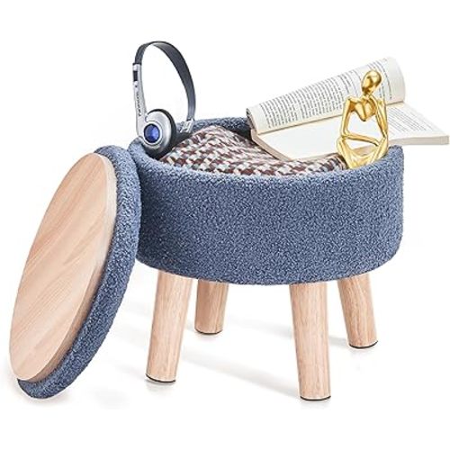 Poofzy Small Ottoman with Storage, Small Foot Stool Ottoman with Wood Legs, Sherpa Foot Rest for Couch, Living Room and Bedroom - Navy Blue