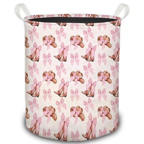 Coquette Pink Bow Western Cowgirl Laundry Basket, Preppy Pink Cowgirl Hat Boots Foldable Laundry Hamper With Handles Clothes Toys Storage Basket for Girls Dorm Bedroom Bathroom