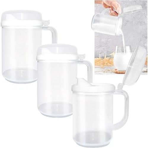 3Pcs Child Safe Easy Pour Mini Pitchers for Early Learning,Clear Plastic with Lid & Handle,Ideal for Water,Milk & Juice in Classroom,Nursery & Home(22 Oz)