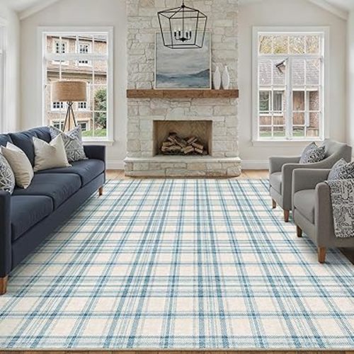 8x10 Blue Area Rug for Living Room Bedroom Machine Washable Low Pile Checkered Carpet Modern Accent Soft Non Slip Rug for Dining Room Nursery Office Indoor