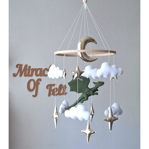Felt Dragon Fairy Tale Baby Crib Mobile: Green Fantasy Nursery Decor New mom gift