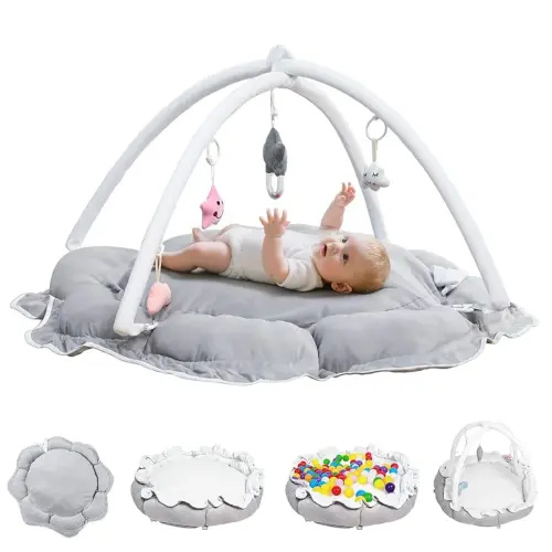 5-in-1 Baby Play Gym and Tummy Time Mat - Thick & Plush Baby Play Mat with 6 Sensory Toys, Convertible Activity Center for Newborn to Toddler, Ball Pit (No Balls Included) & Pet Cushion - Grey