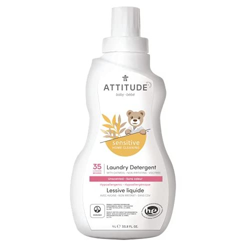 ATTITUDE Baby Laundry Detergent for Sensitive Skin, Hypoallergenic, Dye free, Unscented, HE compatible, Fragrance Free, 33.8 Fluid Ounce, 35 Loads