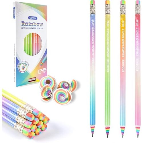 ECOTREE Pre-sharpened Pencils #2 Eco Rainbow Paper Pencil Cute Pencils for Kids Number 2 Pencil with Erasers for School, Writing, 12 Count