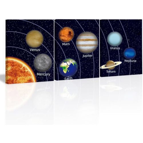 KAIRNE Boys Space Room Decor Framed Outer Space Wall Art Set of 3 (12X16inch) Kids Picture Planets Pictures Solar System Educational Teaching Poster for Boys Room Nursery Children Playroom Decor