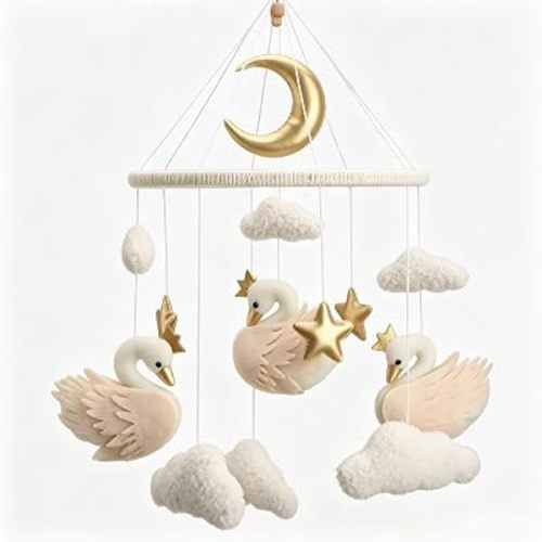Golden Swan Nursery Mobile with Crescent Moon, Stars & Fluffy Clouds - Soft Plush Baby Crib Hanging Decoration for Boys & Girls Room