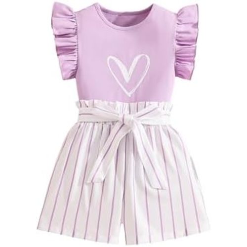 Girls 2 Piece Outfits Summer Ruffle Sleeve Top and High Waisted Striped Shorts Set for Girls 7-14
