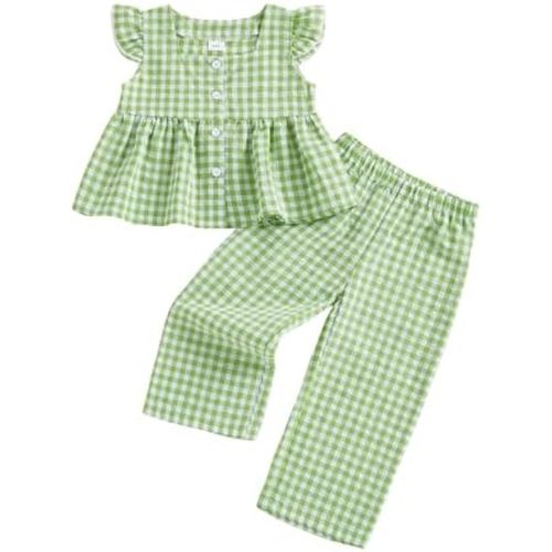 Thorn Tree Girls Summer Outfits Ruffle Sleeve Button Up Dress Tops Plaid Linen Pants Spring Toddler Girl Clothes