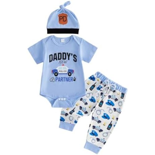 GOOCHEER Newborn Baby Boy Clothes Firefighter Police Car Short Sleeve Romper Shirt Top Pants Hat Set Summer Outfits