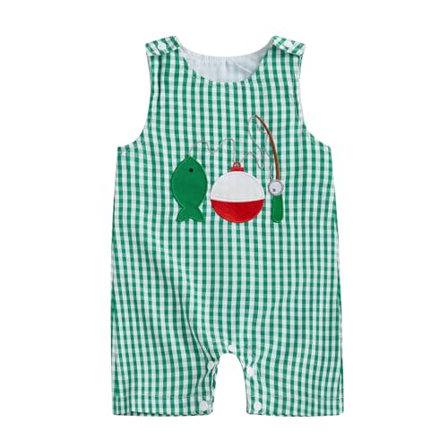 Licupiee Newborn Baby Boys Fish Romper Shortalls Seersucker Gingham Embroidery Fishing Sleeveless Jumpsuit Summer Clothes
