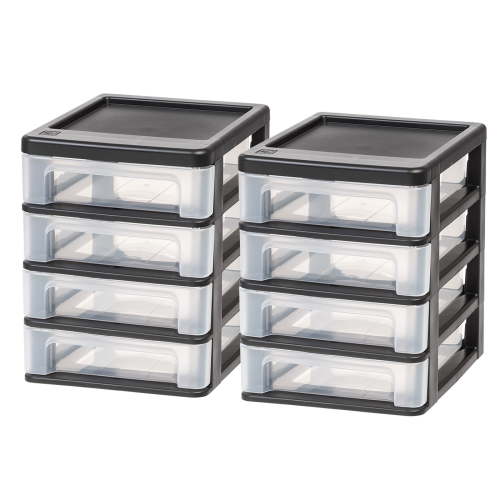 IRIS USA, Small Stackable 4-Drawer Mini Plastic Desk Storage, Compact Organizer, Black-Clear
