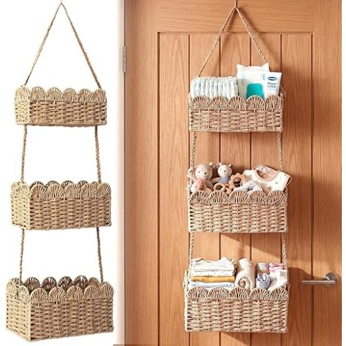 Qunclay Over The Door Hanging Basket 3-tier Decorative Hanging Nursery Baskets Large Baby Diaper Caddy Wall Mounted Woven Organizer for Home Bedroom Living Room Baby Shower Gifts