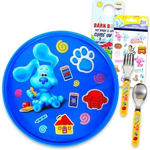 Blue's Clues Dinnerware Set for Kids - 3 Pc Kitchen Accessories 2 Sided Plate, Fork, Spoon, Stickers, More | Blue's Clues Plate and Utensils for Boys, Girls, Kids