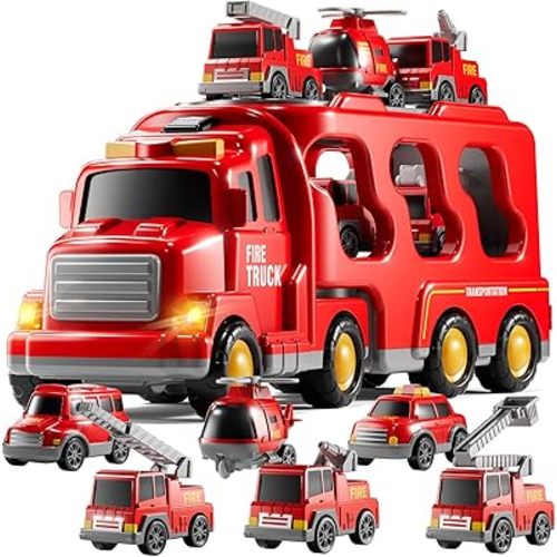 Fire Truck Toys for Toddler 1-3 3-5, 7-in-1 Fire Car Carrier Vehicle Set for Girls 1 2 3 4 5 6 Years Old, Transport Car with Light Sound, Birthdays Gifts for Kids Girls Aged 3-9
