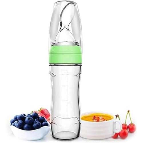 Matyz Silicone Baby Food Dispensing Spoon (Green, 4oz / 120ml) Squeeze Feeder with Spoon - Spoon Bottle for Baby - Baby Spoon Feeder Bottle Baby Solid Food Feeder - Ideal for 4 Months+ Babies
