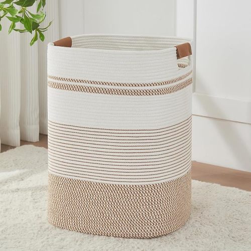 Large Laundry Hamper Basket, 85L Cotton Rope Woven Storage Bin for Blankets, Dirty Clothes Toys, Decorative Tall Basket with Leather Handles for Living Room, Bedroom, Bathroom, Nursery, Jute