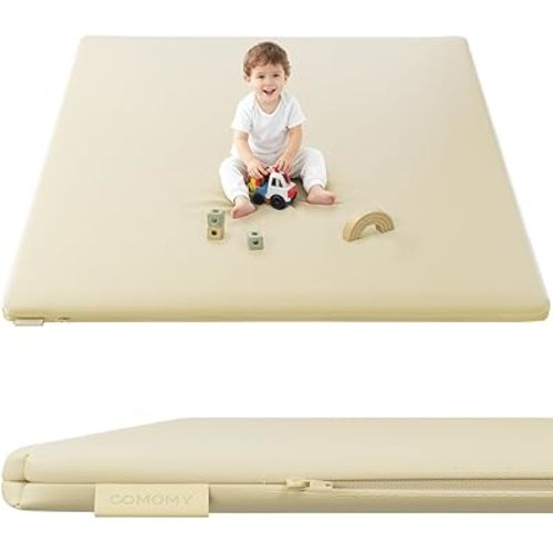 COMOMY Vegan Leather Baby Play Mats for Floor, 50 x 50 Play Mat for Playpen, Thickened High-Density Foam Playmats for Babies and Toddlers - Extra Soft and Resilient, Easy to Wipe Clean, Ivory