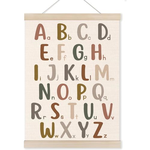 Alphabet Numbers Poster Hanger Frame Set of 2, Nursery Wall Decor, Boho ABC Poster Wall Art with Wooden Frames, Alphabet Banner Wall Hanging Decor for Boy Toddler Room Playroom, 12x16 Inch