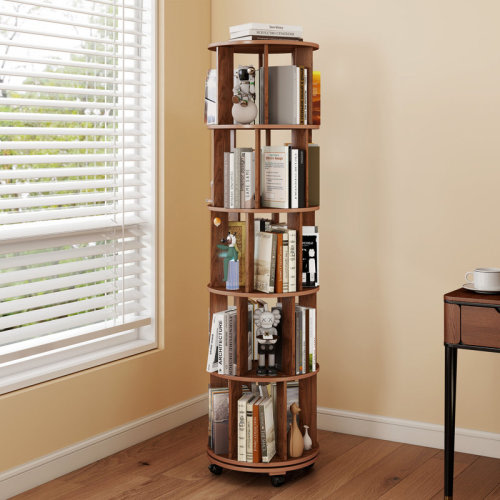 Wrought Studio™ 4-Tier Rotating Bookshelf with Wheels, 361-Degree Swivel Wood Bookcase Tower, Rolling Storage Organizer for Bedroom, Kids Room, Home Office, Walnut | Wayfair