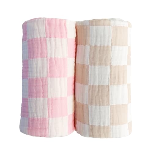 Ultra Soft Checkered Muslin Baby Blanket Pack of 2 Cotton Muslin Swaddles Blankets for Babies and Toddlers Girls Newborn 42 x 42 inches Cream and Pink