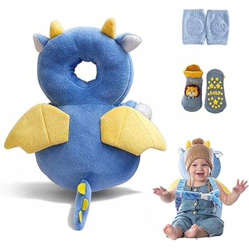 HippoBaby Baby Head Protector Backpack – Toddler Safety Cushion for Crawling & Walking – Infant Fall Protection Pillow with Adjustable Straps – Comes with Knee Pads & Non-Slip Baby Socks (Blue Dragon)