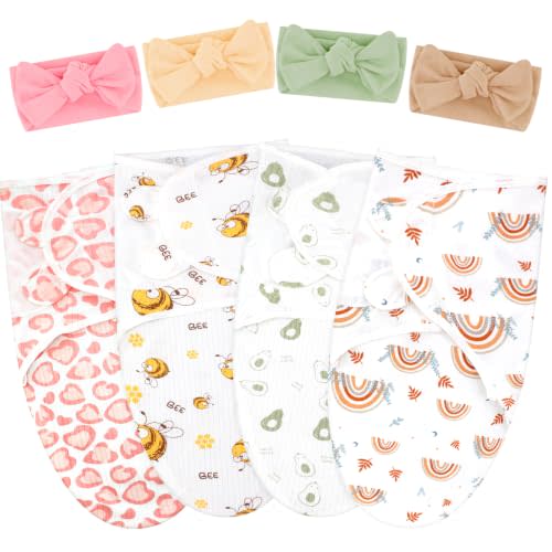 4 Pack Preemie Newborn Swaddle Set, Cartoon Style, 0-3 Months | Premature Clothes for Nicu Babies, Cartoon Swaddlers and Headband, Newborn Boys Girls Soft Wrap Blankets, Hospital Gift Set