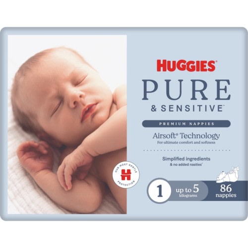 Huggies Pure & Sensitive Nappies Size 1 86 Pack