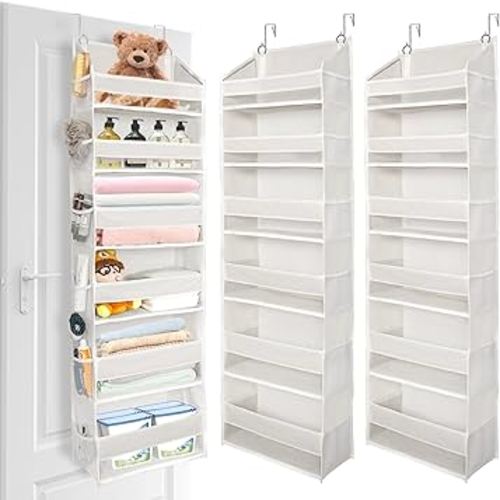 ULG 2 Pack Over The Door Organizer with 6 Large Pockets 12 Side Pockets, 50lbs Weight Capacity Door Hanging Organizer for Bedroom, Bathroom, Pantry, Nursery Storage, Beige