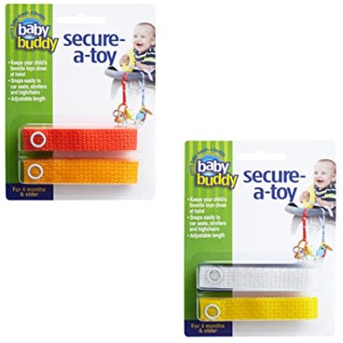 Baby Buddy Secure-A-Toy, Safety Strap Secures Toys, Teether, Pacifiers to Strollers, Highchairs, Car Seats, Adjustable Length Keep Toys Sanitary, Registry Must Haves, Orange-Gold-White-Yellow, 4 Count