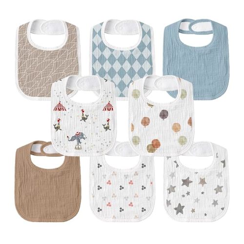 Muslin Bibs for Baby Boy, Adjustable Fit for Drooling and Teething Toddler | 8Pk, 100% Cotton Surface & Multi-Layer Absorbent Core, Shrink-resistant & Fade-Proof, Gentle on Sensitive Newborn skin