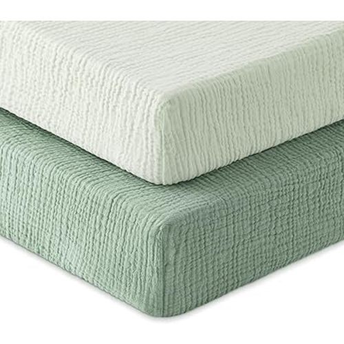 Muslin Crib Sheets for Boys Girls, 100% Cotton Fitted Crib Sheet 2 Pack for Standard Crib and Toddler Mattress, Breathable Soft Baby Sheet 28x52x8in Gradient Green