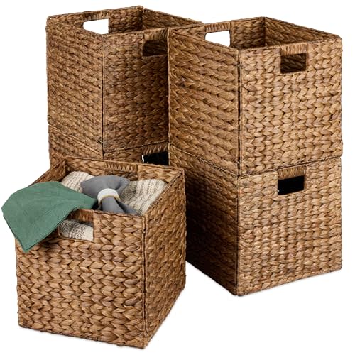 Best Choice Products 10.5x10.5in Pack of 5 Cube Storage Baskets, Water Hyacinth Multipurpose Collapsible Organizers, Handwoven Laundry Totes for Laundry, Living Room, Kids Room & Nursery - Chestnut